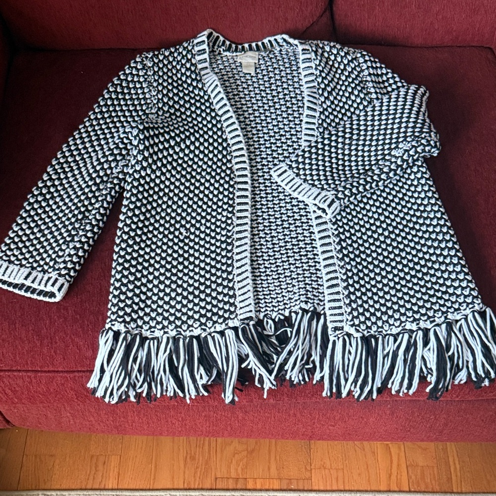 Chico's Black & White Fringe Knit Open Cardigan